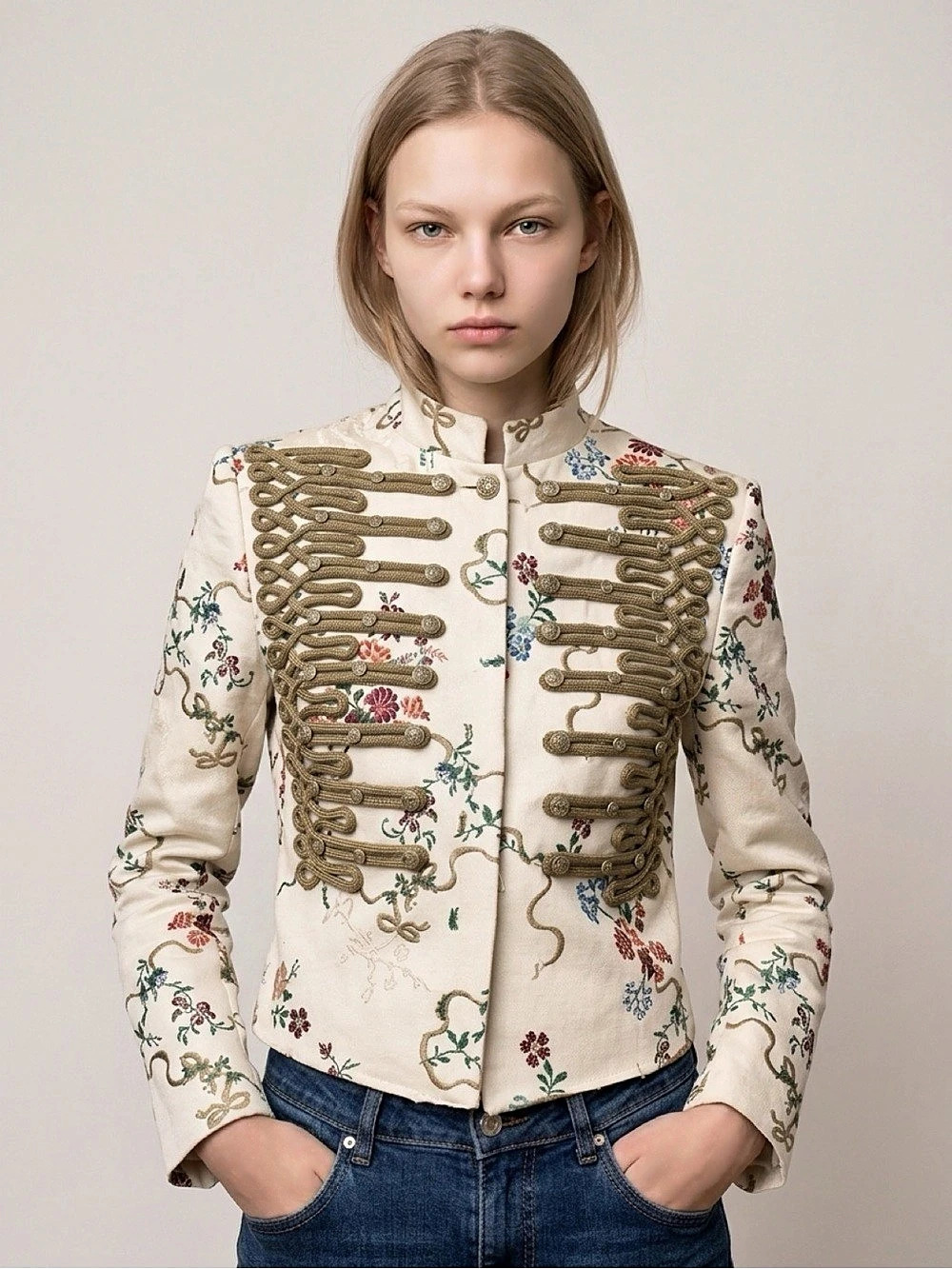 Floral Embroidered Military Jacket in Cream